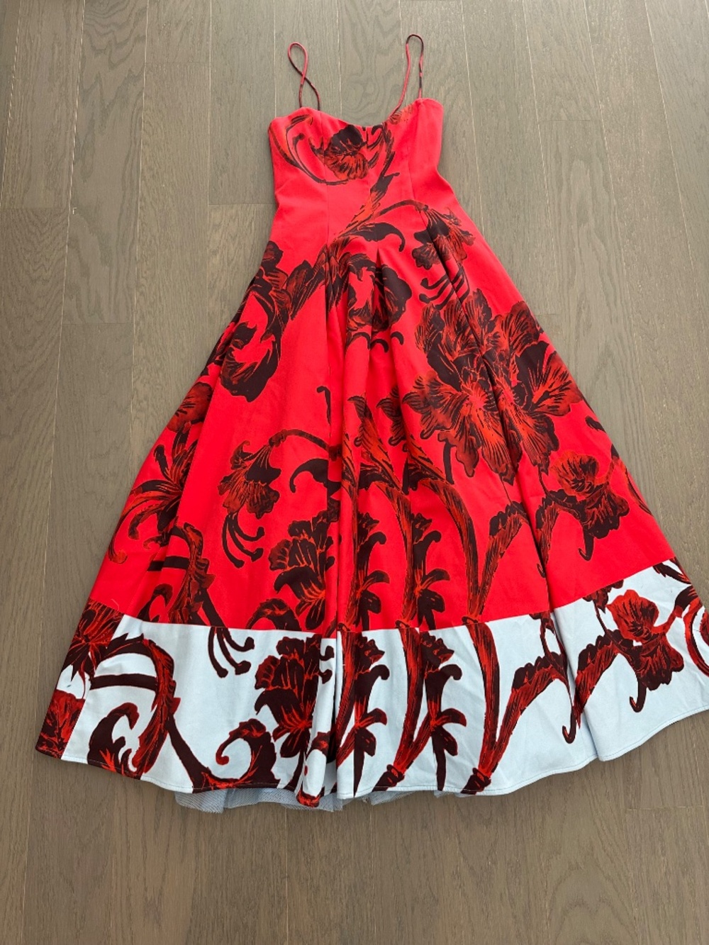Alice + Olivia ISABELLE Red Midi Dress Philosophy Blue Floral Full Skirt Size 2 - Picture 2 of 10